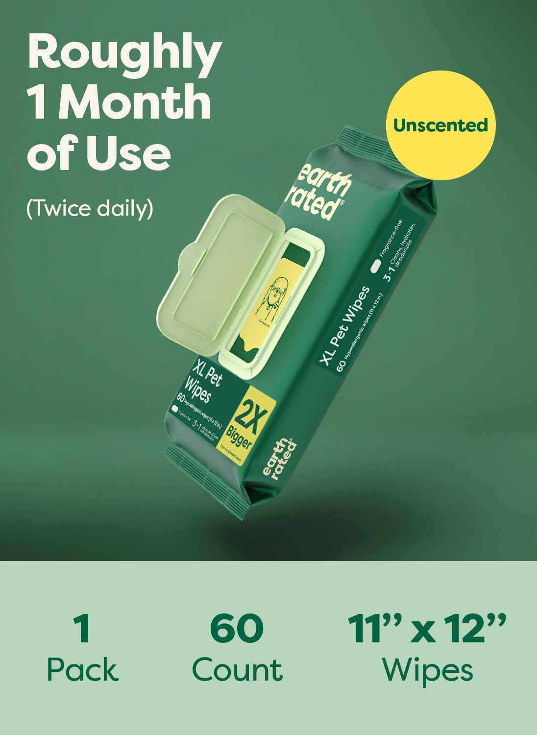 Earth Rated XL Pet Wipes for Dogs & Cats, Unscented Hypoallergenic, 60 Ct - image 7