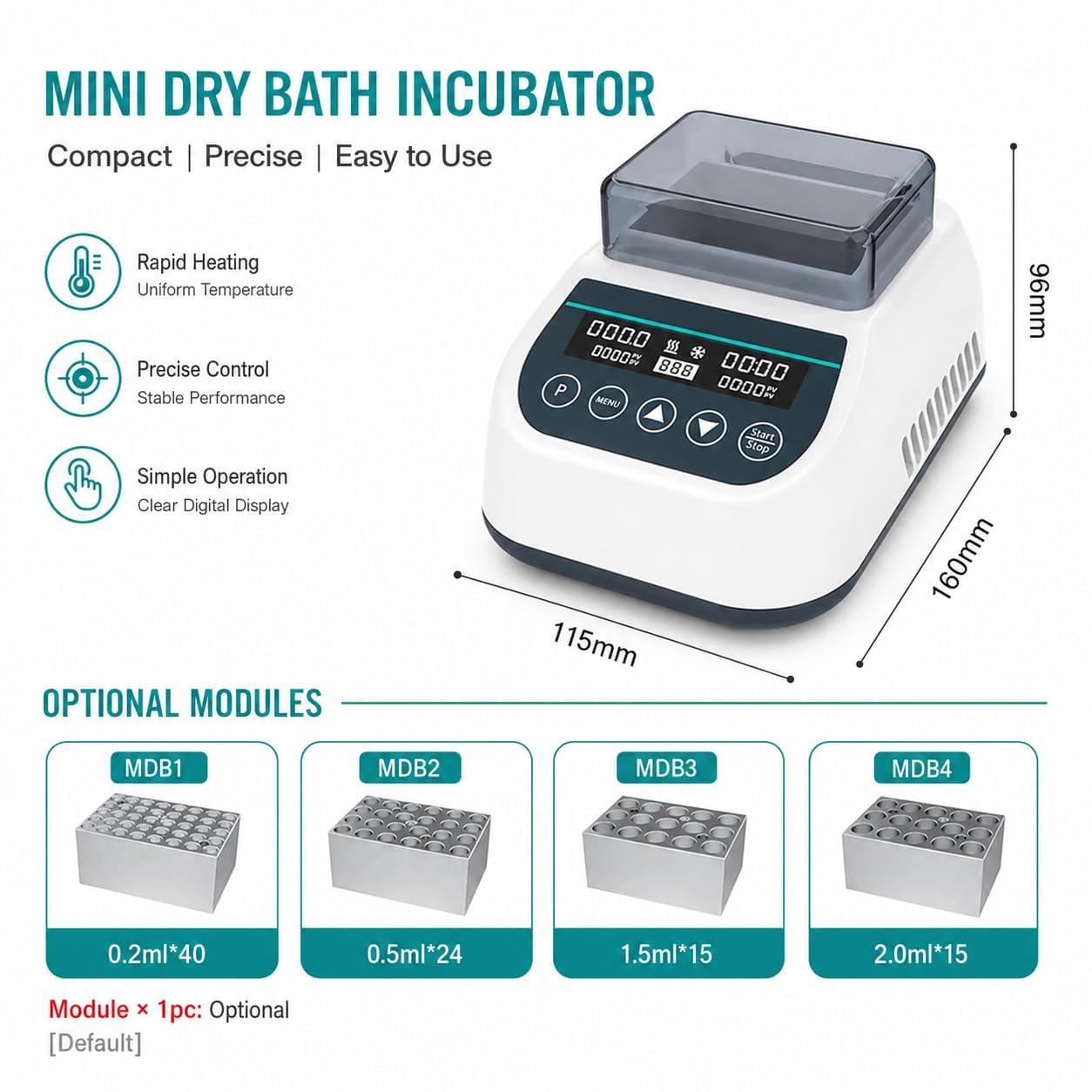Incubatrice per bagno a secco con blocco riscaldante per provette da laboratorio, termostato in metallo, controllo preciso della temperatura per 0,2/0,5/1,5/2 ml