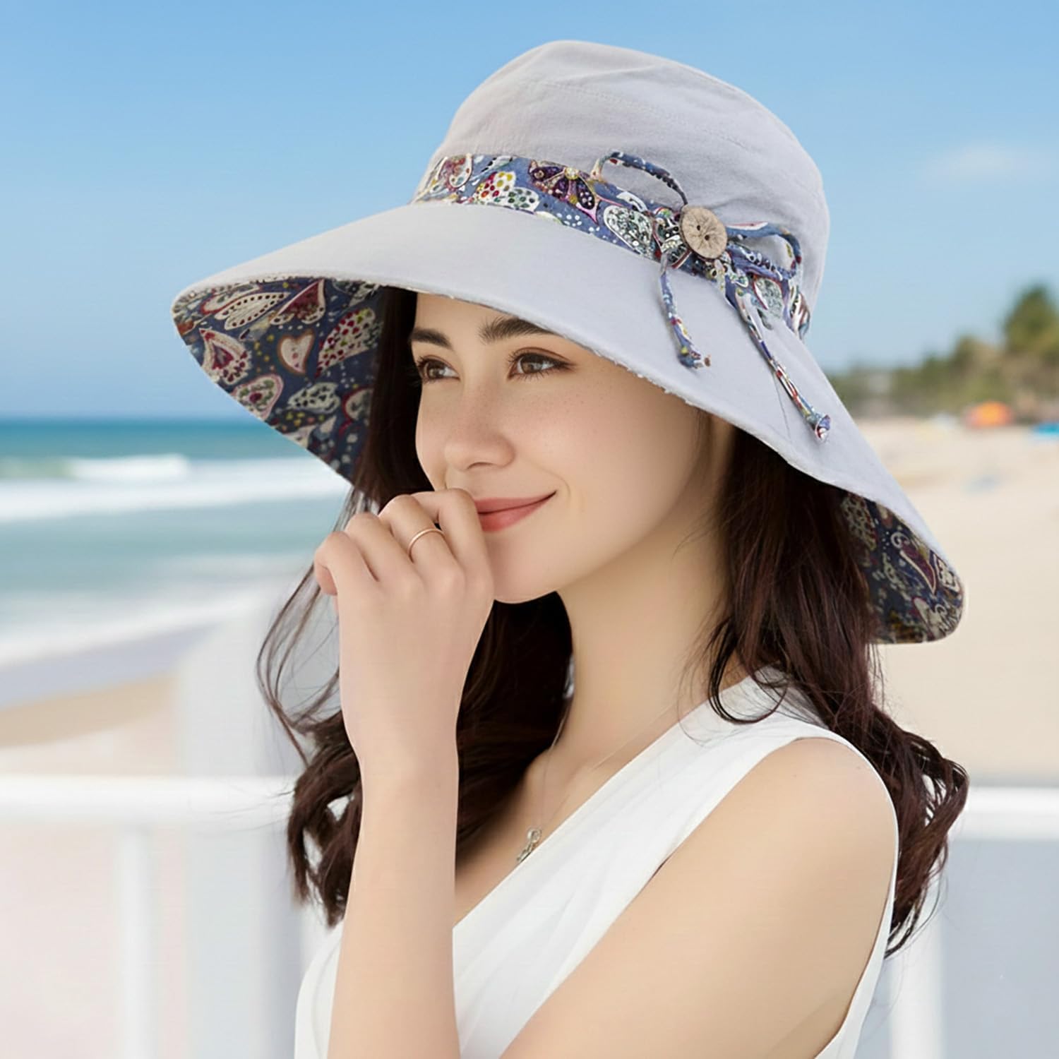 Women Wide Brim Sun Hat Reversible Bohemian Outdoor Bucket Fishing Hats UV Protection for Hiking Beach Travel - Image 6
