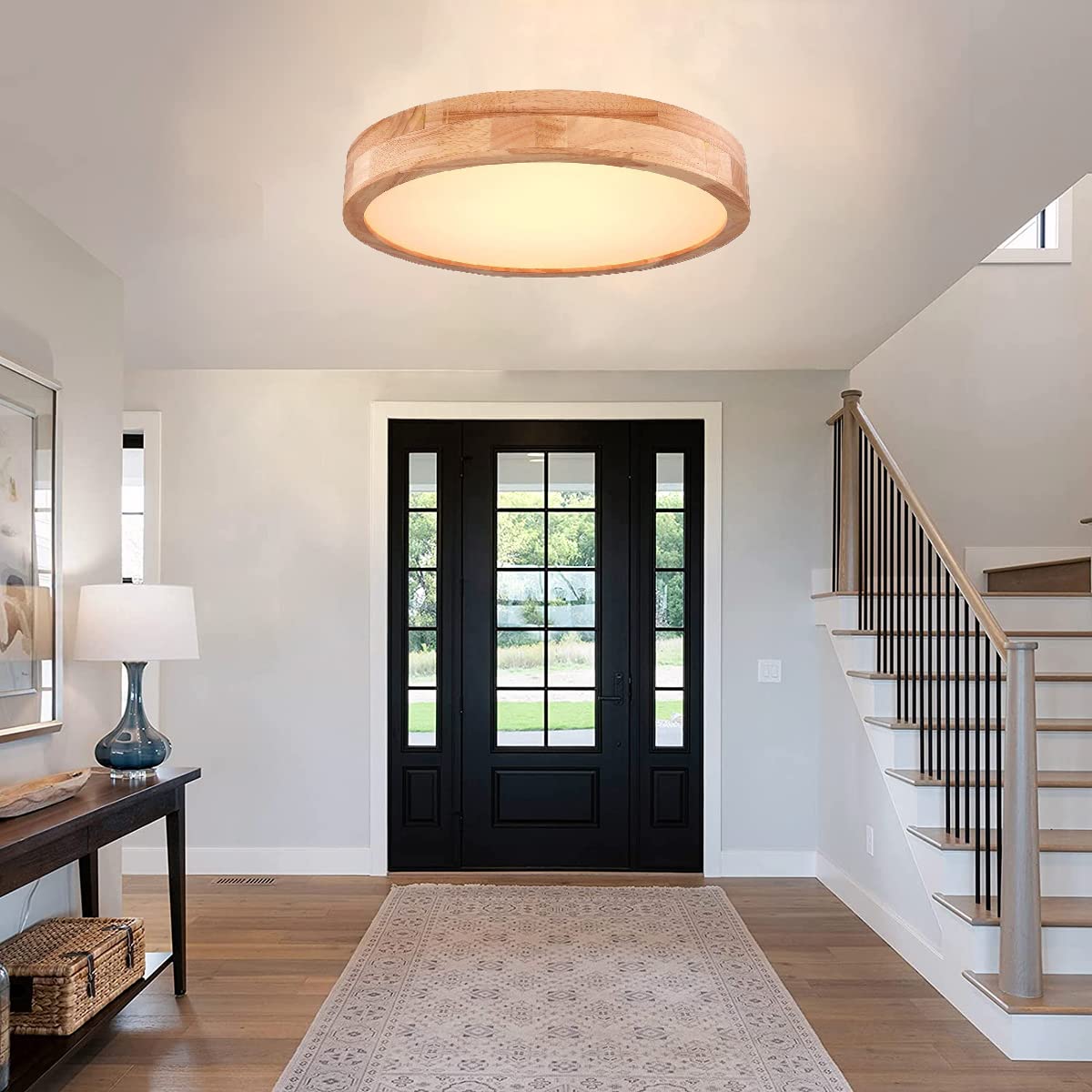 KZT Plafonnier en bois LED avec Détecteur de Mouvement Radar 20W Intérieur Lampe de Plafond Rond, Éclairage plafonnier pour couloir, Hall, Escaliers, Véranda, Garage, 30CM (Blanc chaud - 3000K)