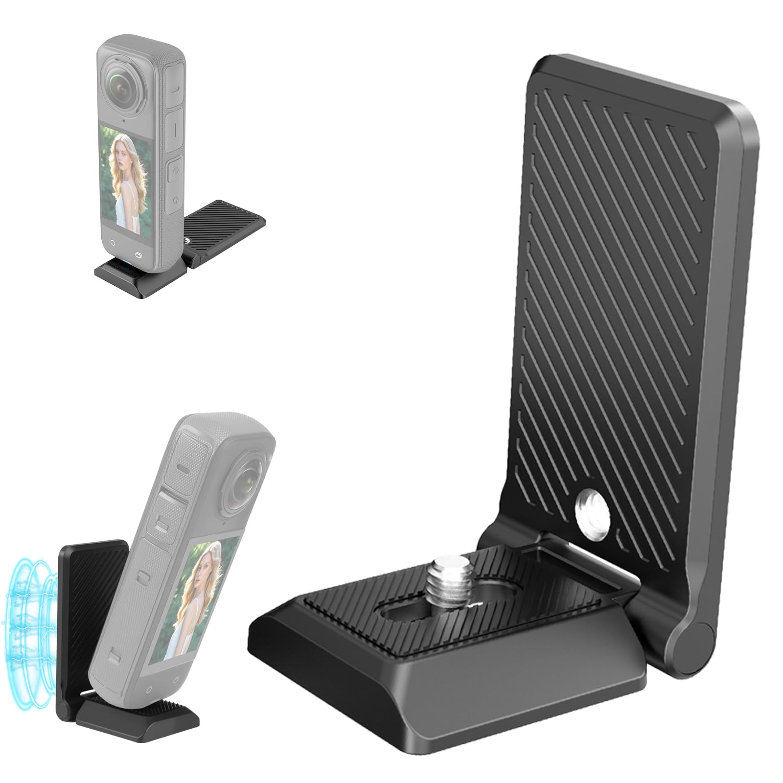 PULUZ Folding Magnetic L Bracket Mount Base Stand for Insta360 X4 / X5 / DJI Pocket 3, Magnet Steering Holder Bracket with 1/4 Screw for Insta 360 Action Camera,Quick Release Tripod Adapter