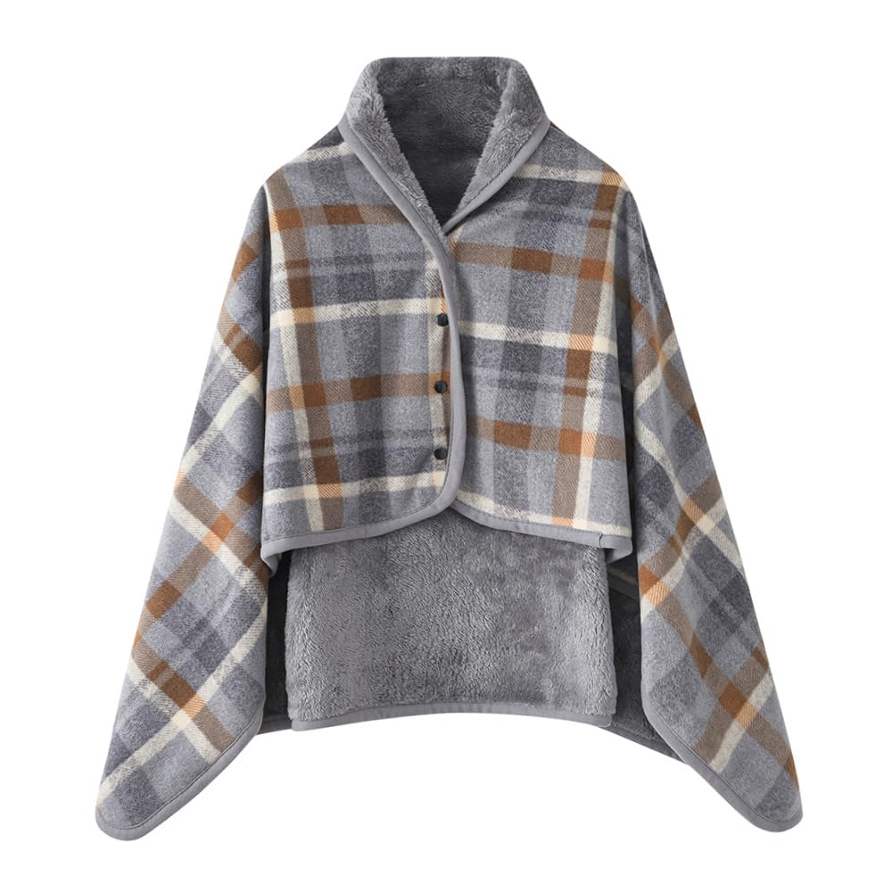 Fleece Wearable Blanket Flannel Plaid Ponchos Shawl Soft Plush Winter Warm Throw Buttons Cape Tippet Double Layer Lap Comfy Wraps (80 * 130cm, Fuyuko, One Size)
