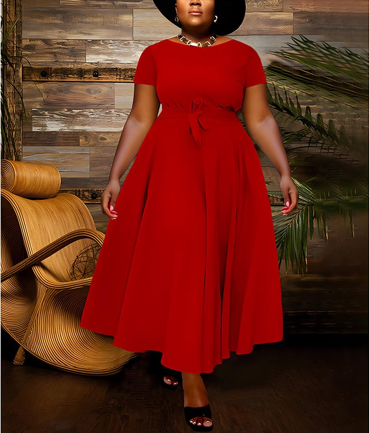 Image of Hostoyo Women Plus Size Formal A Line Maxi Dress Self Tie Waist with Pockets Elegant Round Neck Swing Long Dresses