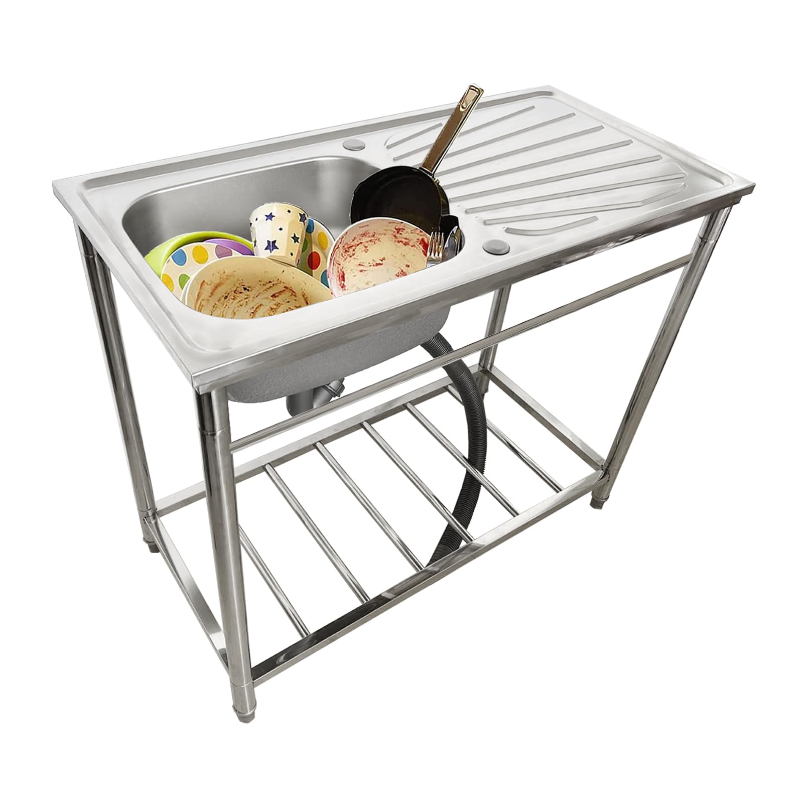 YADZISW Stainless Steel Utility Sink, Commercial Restaurant Kitchen Sink Set w/Faucet & Workbench, Free Standing Single Bowl for Restaurant, Laundry Room, Backyard