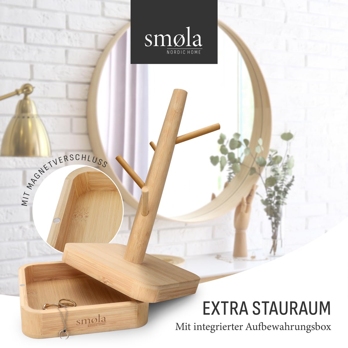 Schmuckbaum aus Holz - 4 Ebenen mit Aufbewahrungsbox - Schmuck Organizer, Schmuckständer für Ketten, Ohrringe, Ringe - Deko Schmuck Aufbewahrung