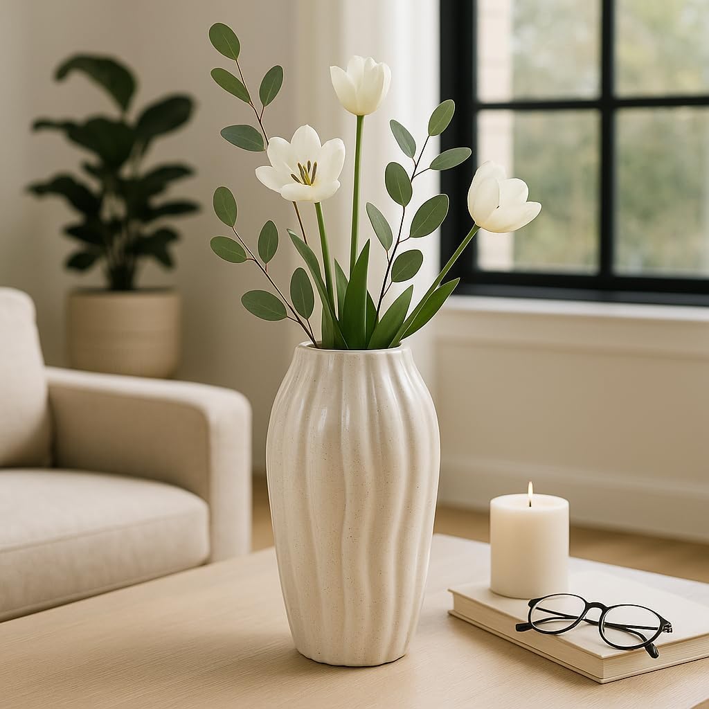 Elegant Textured Vase for Living Room Decor - Contemporary Flower Vase Ideal for Home, Room, and Dining Table Decor - Stylish Decorative Vase for Bedroom, House, and Office Accent - 14", Ivory