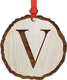 Andaz Press Engraved Real Natural Wood Keepsake Monogram Christmas Ornament Gift Monogram Initial Letter V, Wood Slab, 1-Pack, Christmas Family Tree Decorations