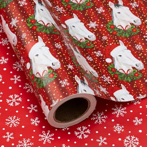 WRAPAHOLIC Reversible Horse Christmas Wrapping Paper - Mini Roll - 17 Inch x 16.5 Feet - Santa Hat White Horse and Red White Snowflake Wrapping Paper for Christmas, Winter Season