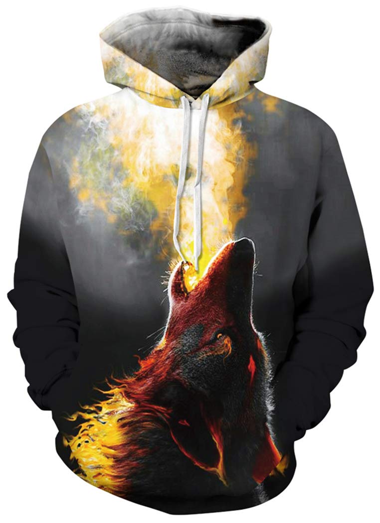BarbedRoseMen's Realistic 3D Print Wolf Pullover Hooded Sweatshirt Hoodies