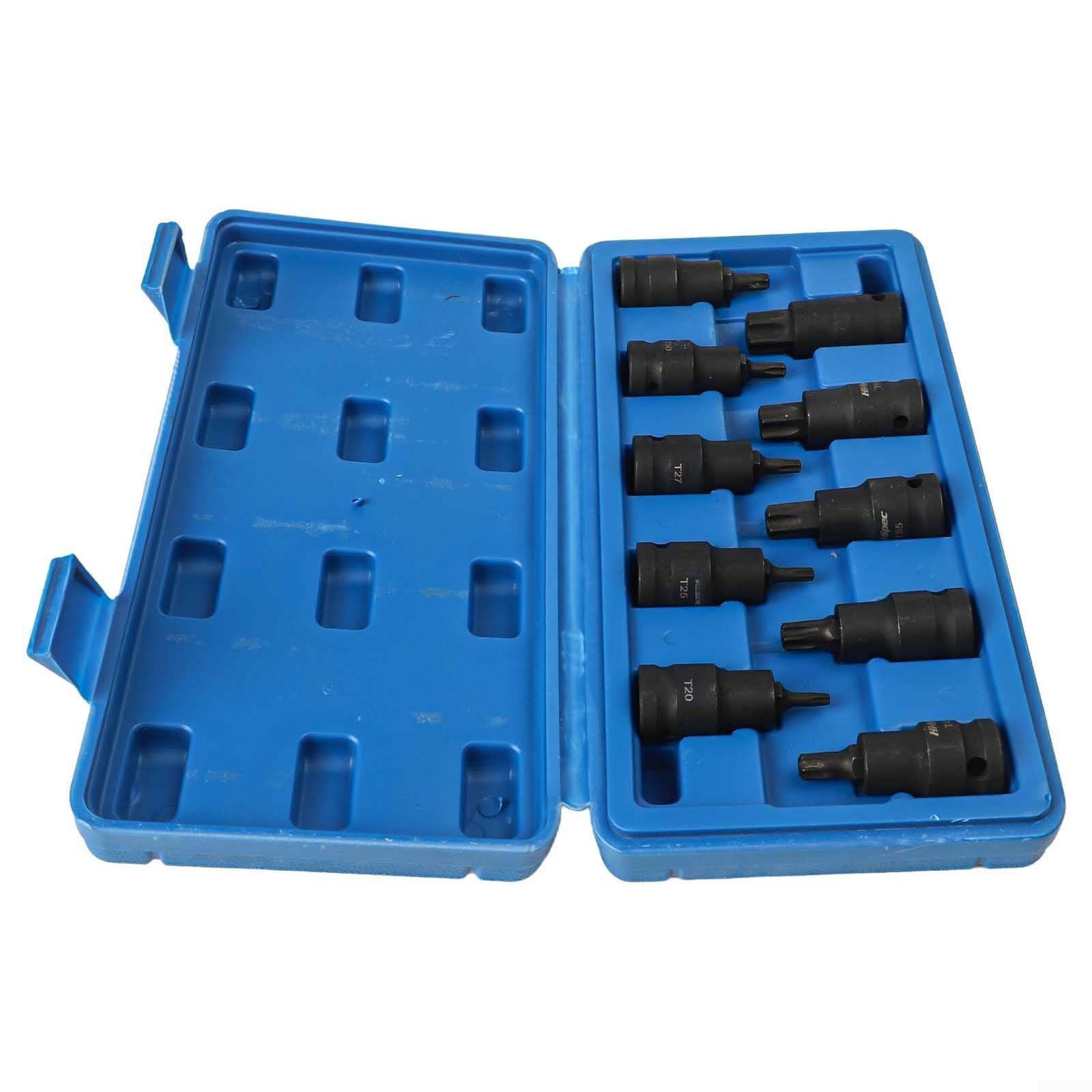 Vanadio T20t70 - Set di chiavi e chiavi a bussola in acciaio per attacco compatibile da 1/2" con adattatore Torx cromato, 10 pezzi