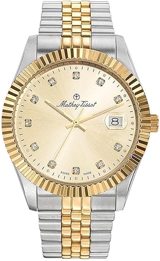 Mathey-Tissot Stainless Steel Swiss Made Analog Gold Dial Men Watch – H710Bdi, Multi-Color Band