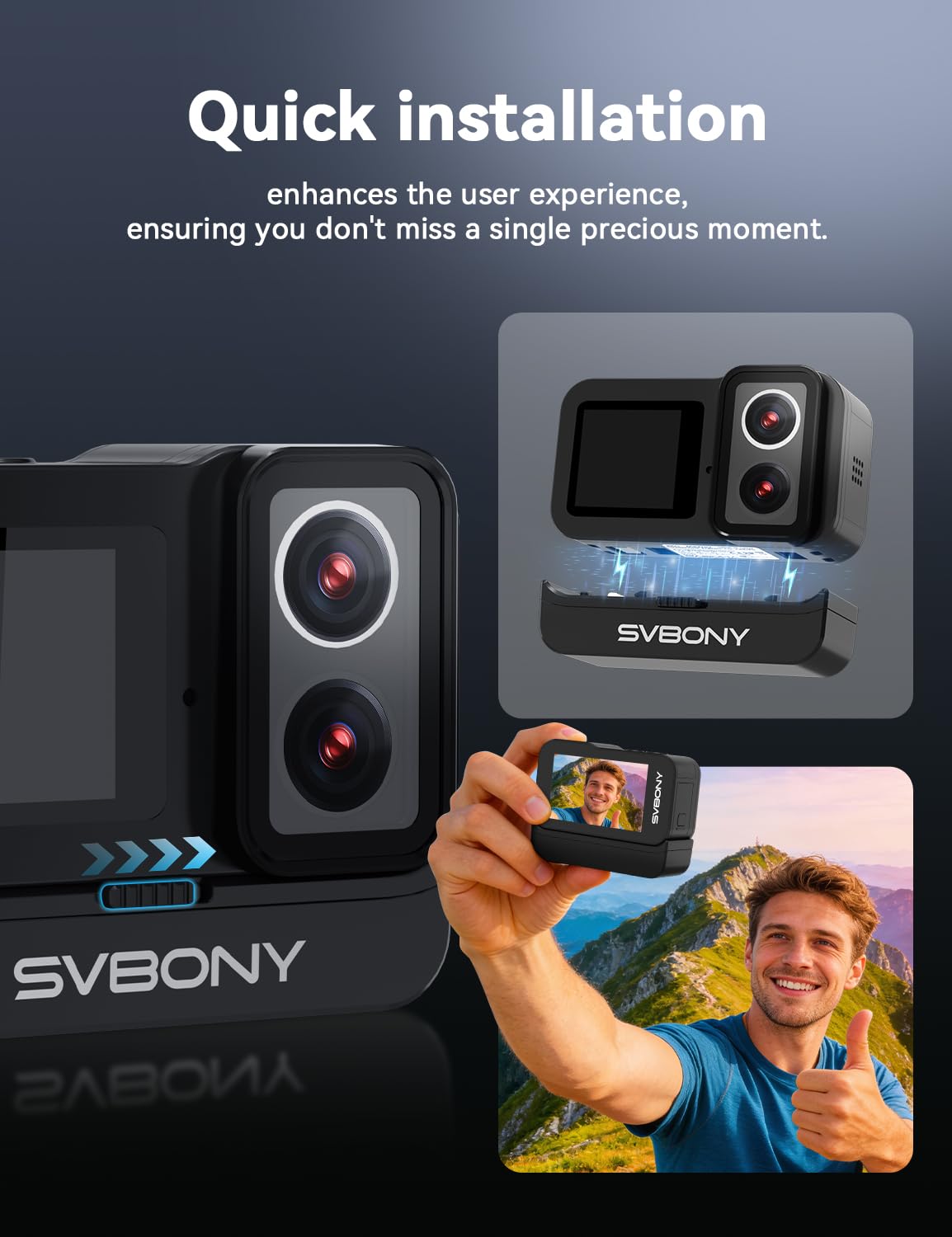 SVBONY SVGo Action Camera 4K30FPS Doppio Obiettivo F2.0/F1.4 Doppio Schermo IPS EIS Impermeabile 30m Batteria 1860mAh