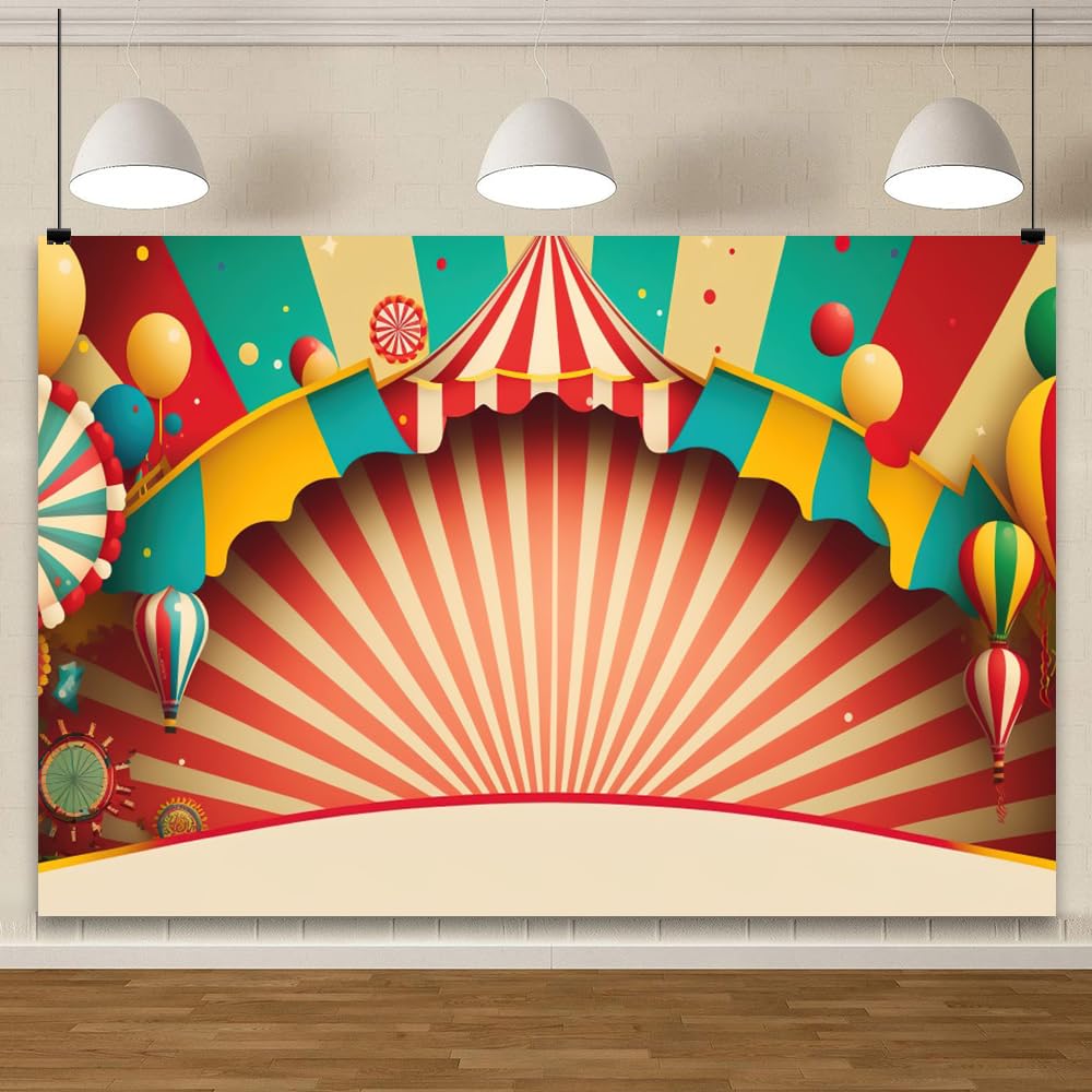 Sfondo a tema circo 3 x 2,4 m tenda a righe colorate palloncini parco divertimenti sfondo fotografia baby shower compleanno carnevale festa banner ritratti per bambini servizio fotografico studio
