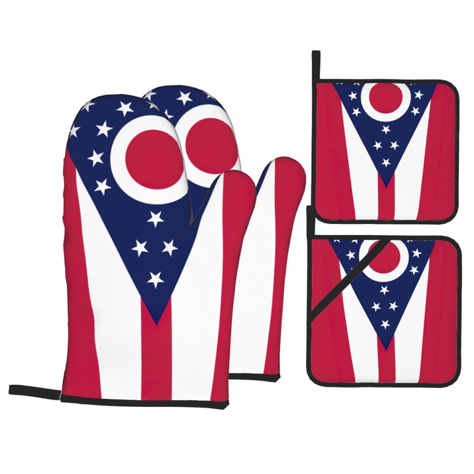 Nimongt Black Ohio State Flag Print Heat-Resistant 4-Piece Oven Kitchen Gloves For Baking Cooking Microwaving Essentials