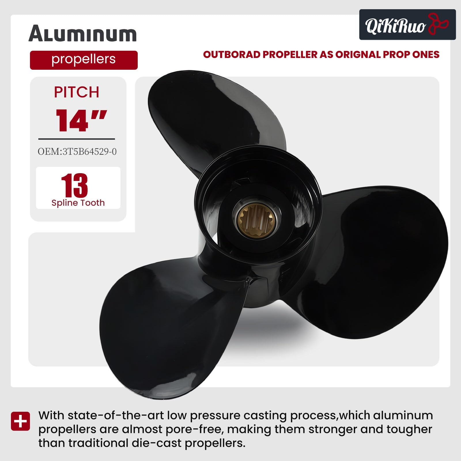 11,6 x 11, 11,4 x 12, 11,1 x 13, 11,1 x 14, 11 x 15 OEM-Upgrade-Aluminium-Außenbord-Propeller für Tohatsu und Nissan 35 PS - 50 PS, 13 Zähne, gepresste Gummi-Nabe, rechts