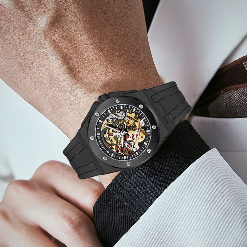 Image of Giordano Automatic Watch for Men - Mechanical Skeleton Dial,Transparent Gear Display, Silicon Strap