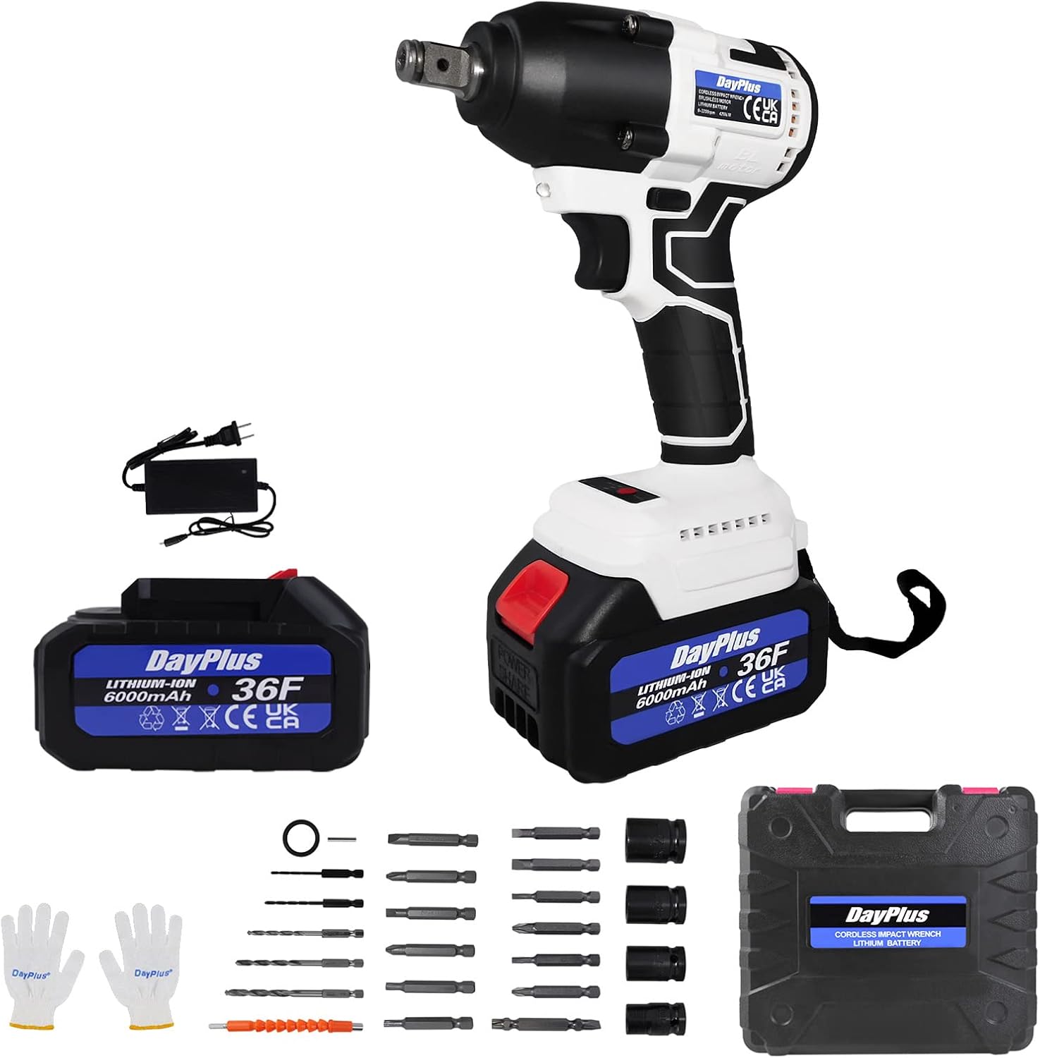 Cordless Electric Impact Wrench Cordless Impact Drill 2 Functions, 1/2 Inch Square 420N.m 21V with 2pcs 6.0Ah Li-ion Batteries, 4Pcs Sockets and 12 Drill Bits, LED Light, 3200RPM, with Storage Case