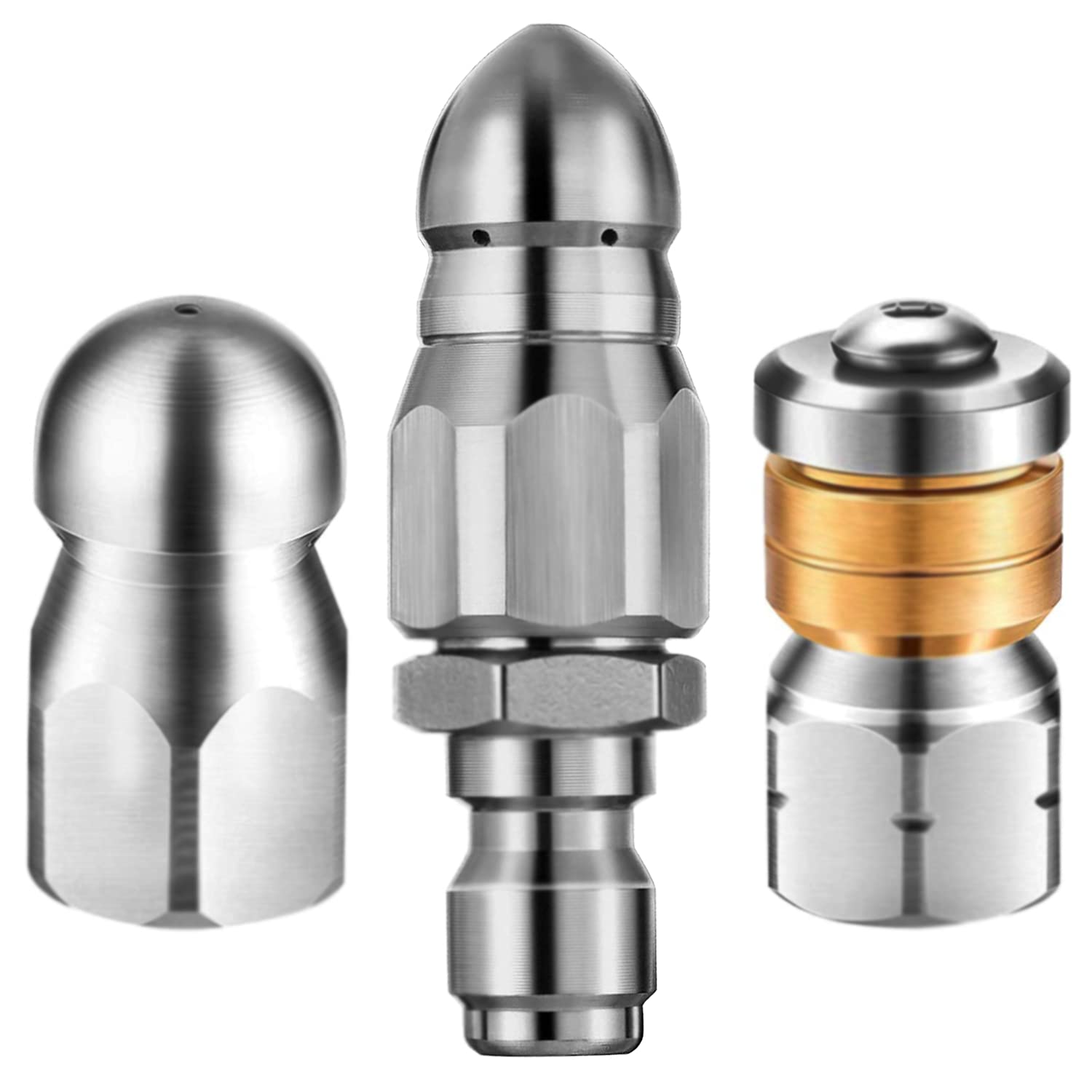 3 Pieces Sewer Jetter Nozzle Rotating Button Nose Sewer Jetting Nozzle Stainless Steel Fixed Sewer Nozzle Replacement Kit with Different Models for 14 Inch Pressure Washer Hose, Silver