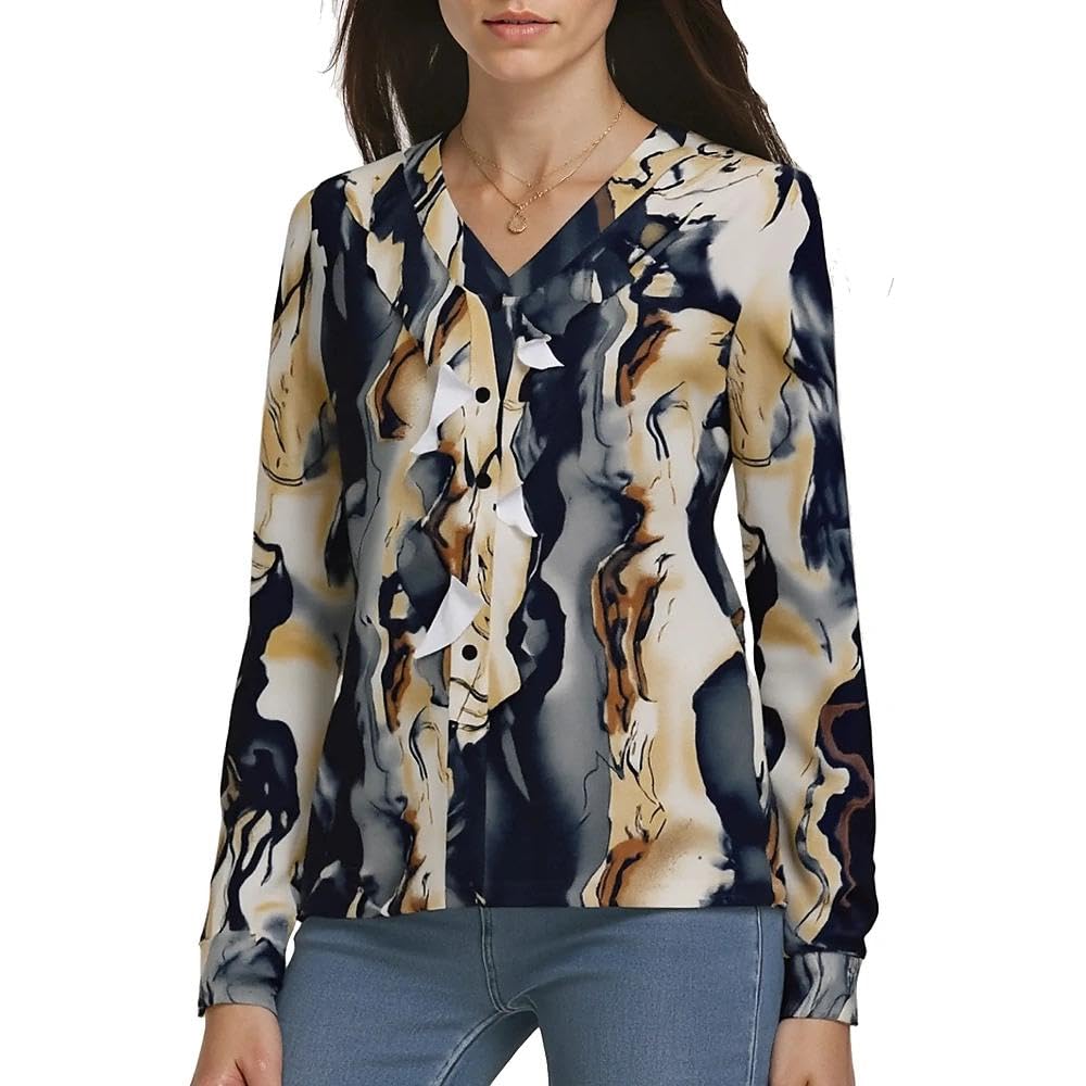 WOWENY Damen Bluse V-Ausschnitt Elegant Rüschen Langarm Blusen Festliche Oberteile Slim fit Langarmshirt Lässig Hemdbluse Damen Tops Longshirt