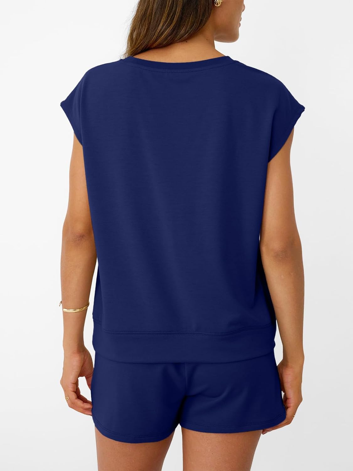 AUTOMET Womens Crew Neck Two Piece Short Sets Cap Sleeve Drawstring Summer Sweatsuit with Pocket - Image 4