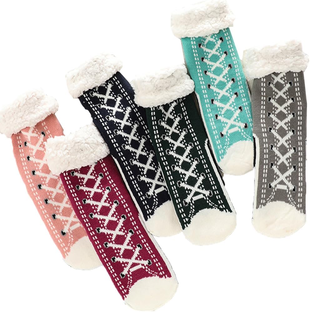Ultra-Thick Cashmere Slipper Home Socks,Warmth Slipper Socks With Non Slip Shimmery Women (6Pairs)