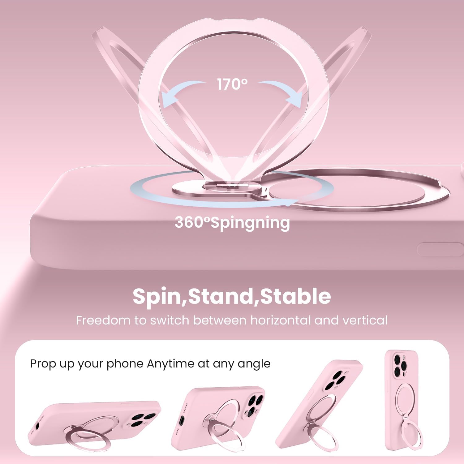 Designed for iPhone 15 Pro Case with 360° Rotating Magnetic Stand, [Compatible with Magsafe] [Military Protection], Slim Full Camera Protection Liquid Silicone Case, 6.1 inch, Chalk Pink