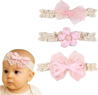 ANNA CREATIONS 3 Pcs Baby Headbands for Baby Girl, Soft Stretchy Hair Bands with Flower and Bow Design, Comfortable and Cu... Price In India