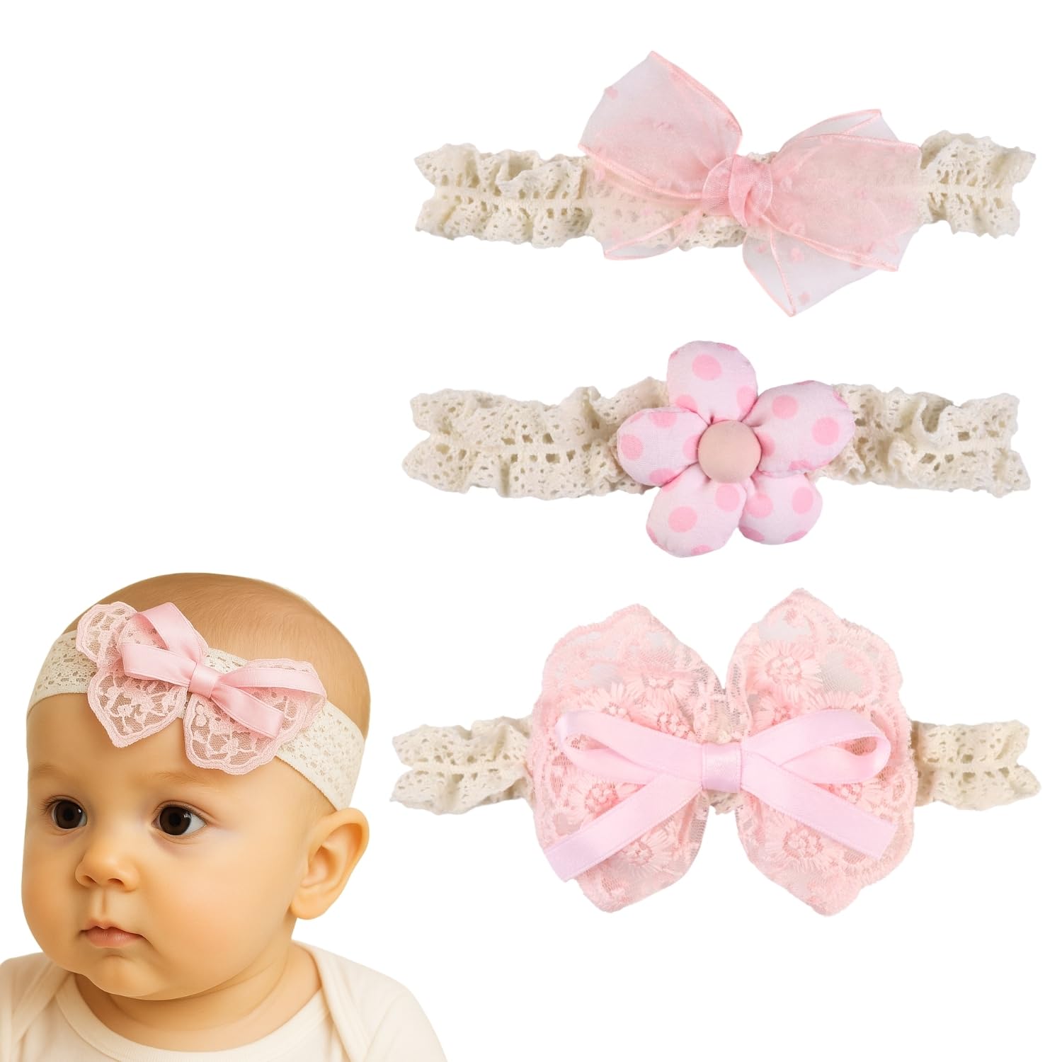ANNA CREATIONS 3 Pcs Baby Headbands for Baby Girl & Boy, Soft Stretchy Hair Bands with Flower and Bow Design, Comfortable and Cute Hair Accessories for Newborn, Infant and Toddler Babies (Multicolor-8) (Multicolor-6)-image-33