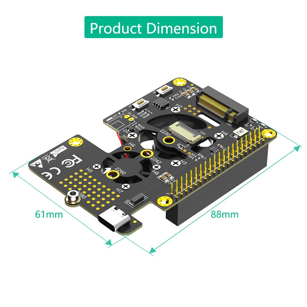 KAGAUOAS M.2 NVMe M-Key SSD to PCI-e Adapter, Supports 2230, 2242, 2260 and 2280.with Dual Cooler Fans and Automatic Discoloration LED for Raspberry Pi 5