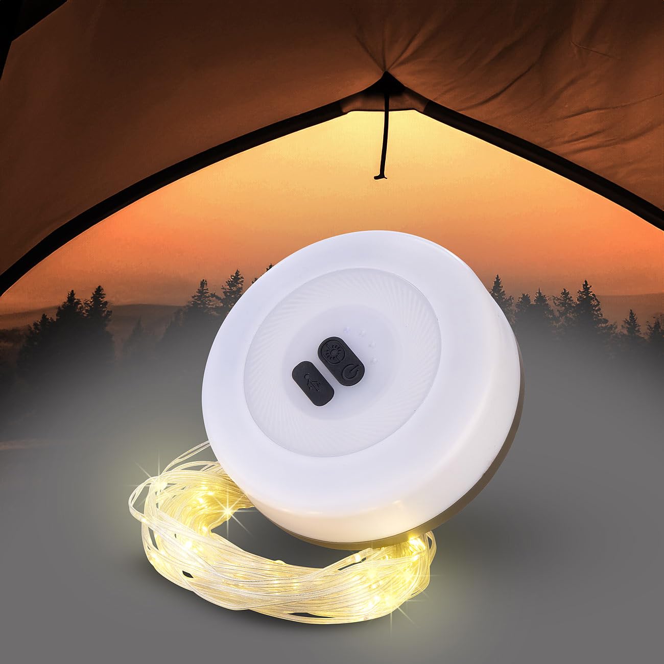 Lunartec Camping Lampe USB: 4er-Set 2in1-Akku-Campingleuchte mit Lichterkette, 6 Modi, IPX4, 10m (LED Lichterkette außen warmweiß, USB LED Lampe Camping)