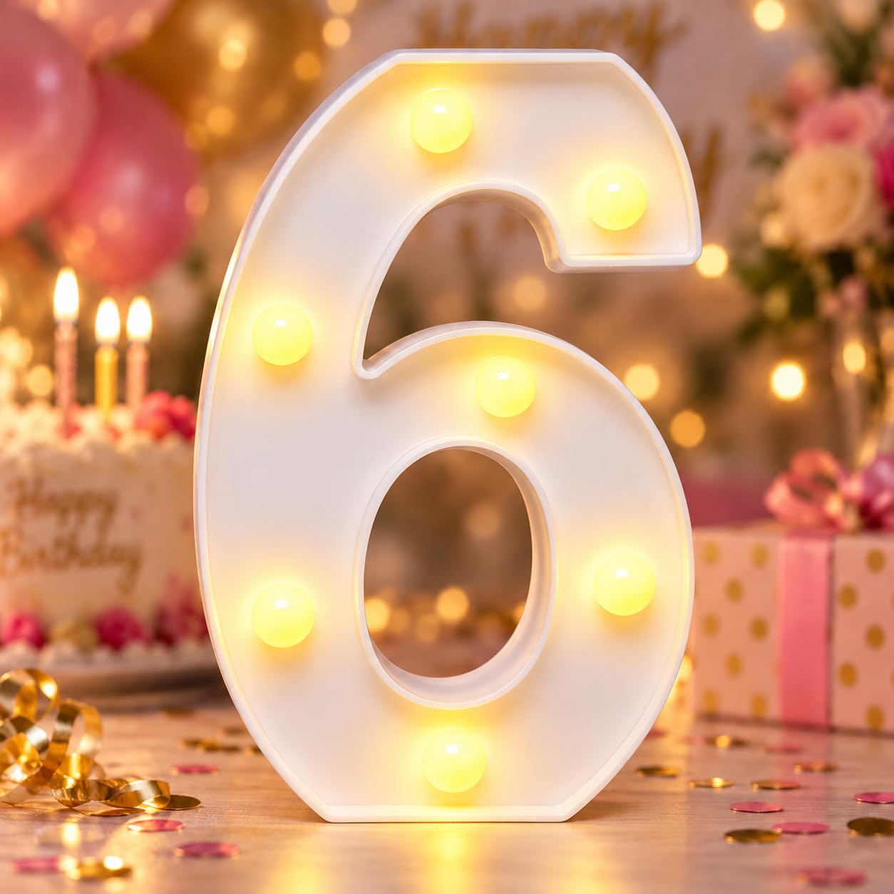 Light Up Number 6 for Birthday Decorations, Warm White LED Number Light