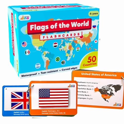 World Countries Flashcards | World Country Flags Flash Cards for Kids - 50 Country, Continent, Capital, Population Country Flag, Economy, Languages, Currency Flashcards