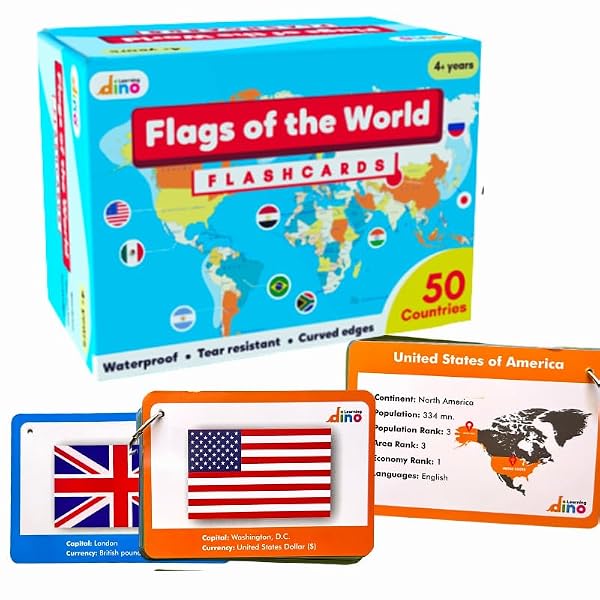 Flags of The World Flashcards | Covers 50 Countries with Country Flag, Map, Economy, Language, Currency & More | Helps Kids Learn Geography in a Fun Way | Premium Quality | By Learning Dino by Learning dino - Used condition - US$18.74