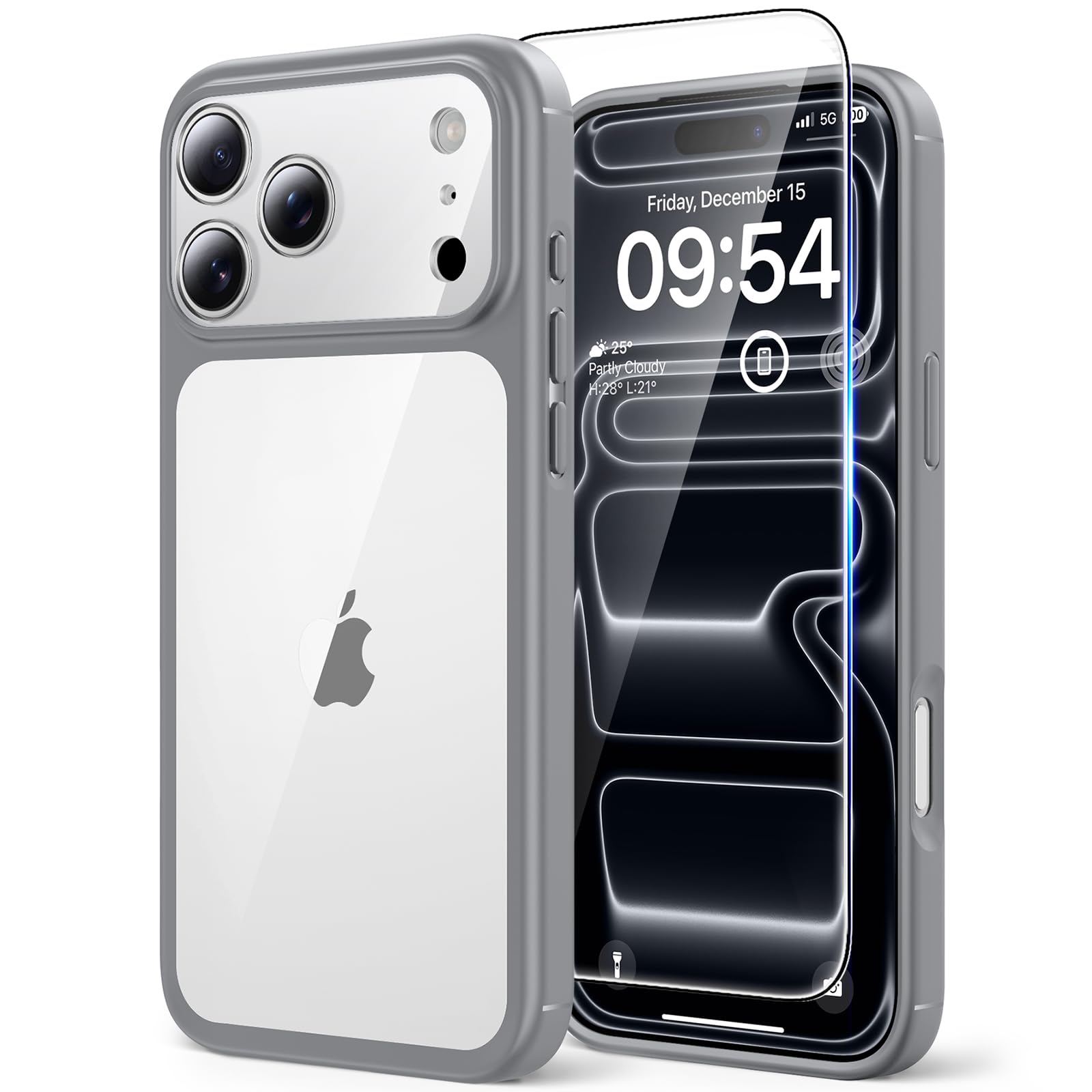 TAURI Coque pour iPhone 17 Pro Max avec Verre Trempé,Protection Totale de la Caméra, Protection Militaire, Coque Bumper Transparente Antichoc - Gris