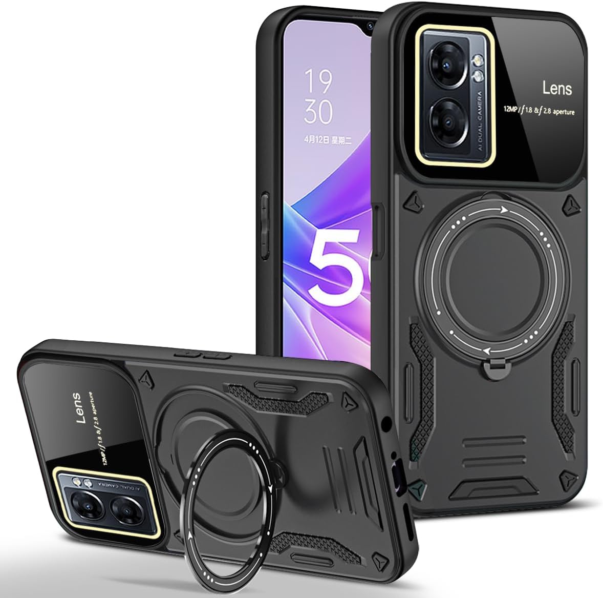 Case for Oppo A77 with Magnetic Attraction 360° Ring Stand Cover for Oppo A77 with Screen Camera Protector Hard PC TPU Case Black