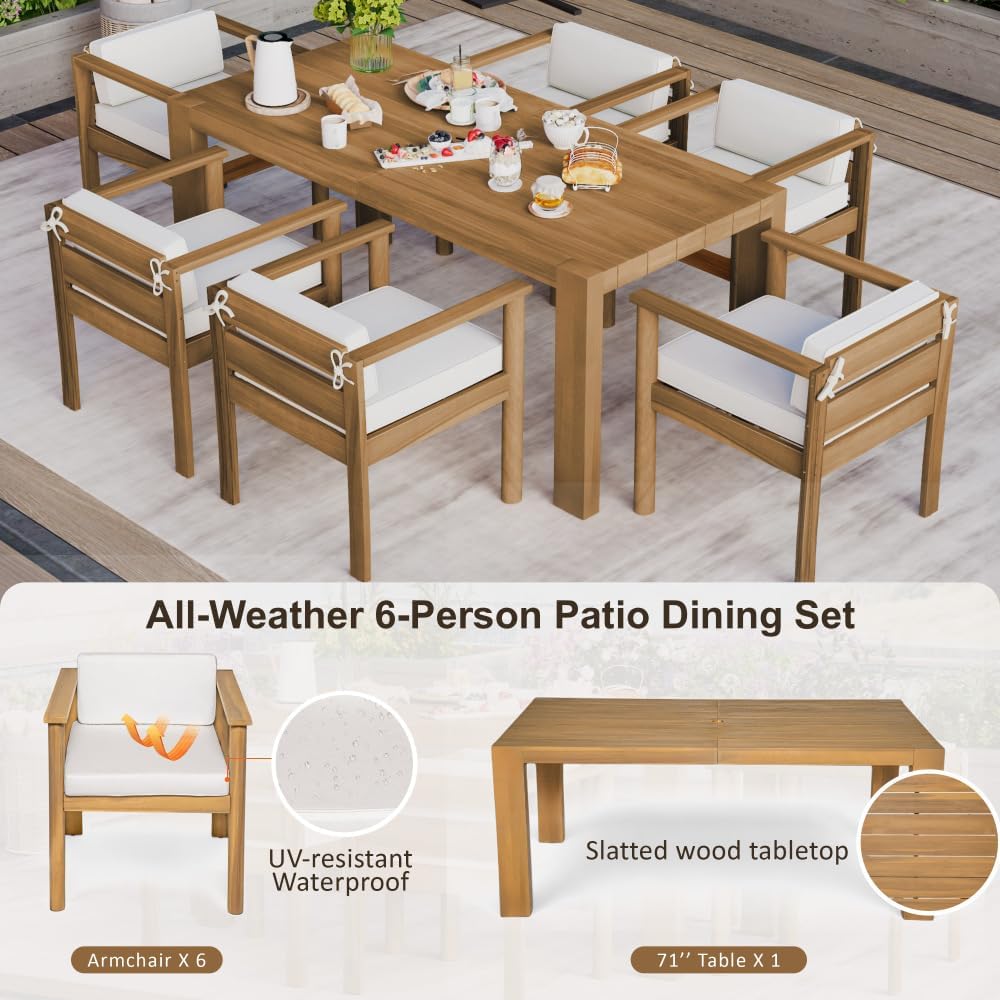 7-Piece Outdoor Patio Dining Set for 6 with Removable Cushions, Rectangle Table and Chairs for Backyard, Garden, Poolside (Light Teak, Beige Cushion)