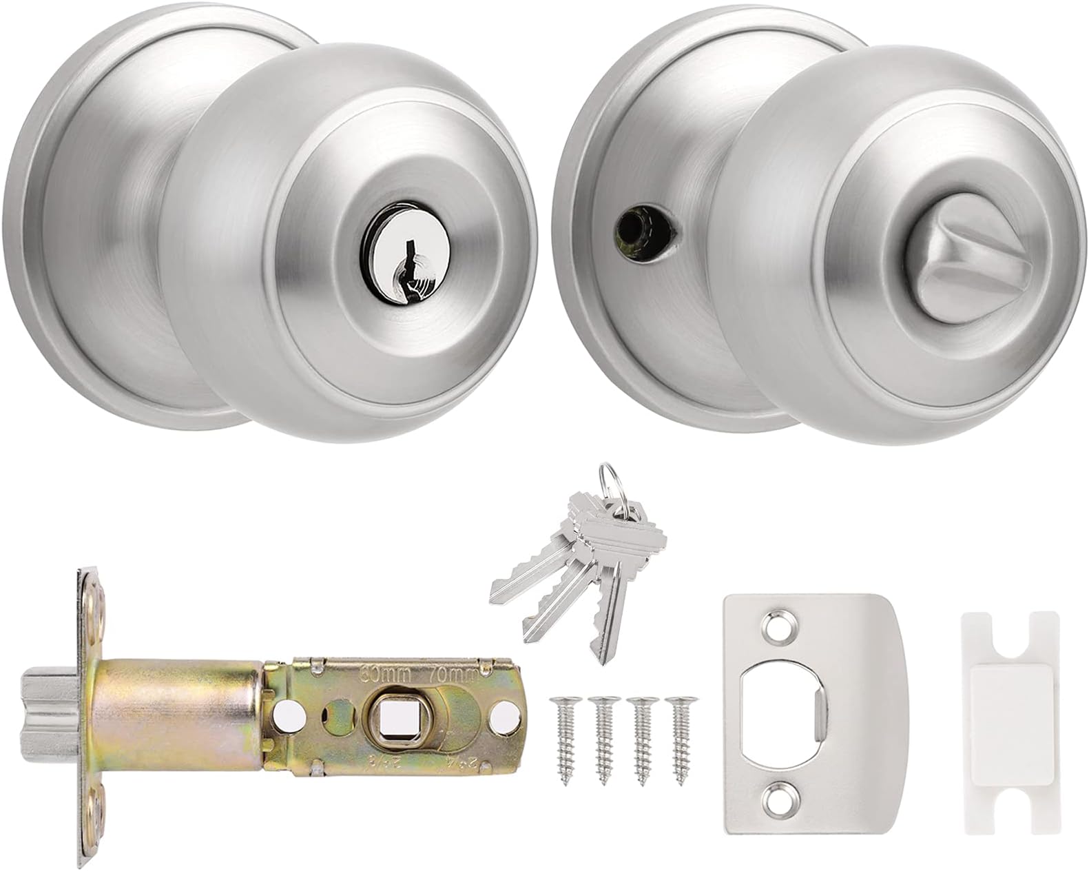 Probrico Satin Nickel Door Knobs with Key, Exterior Door Knobs, Knob Style Entry Door Lock(Not Keyed Alike), 1 Pack