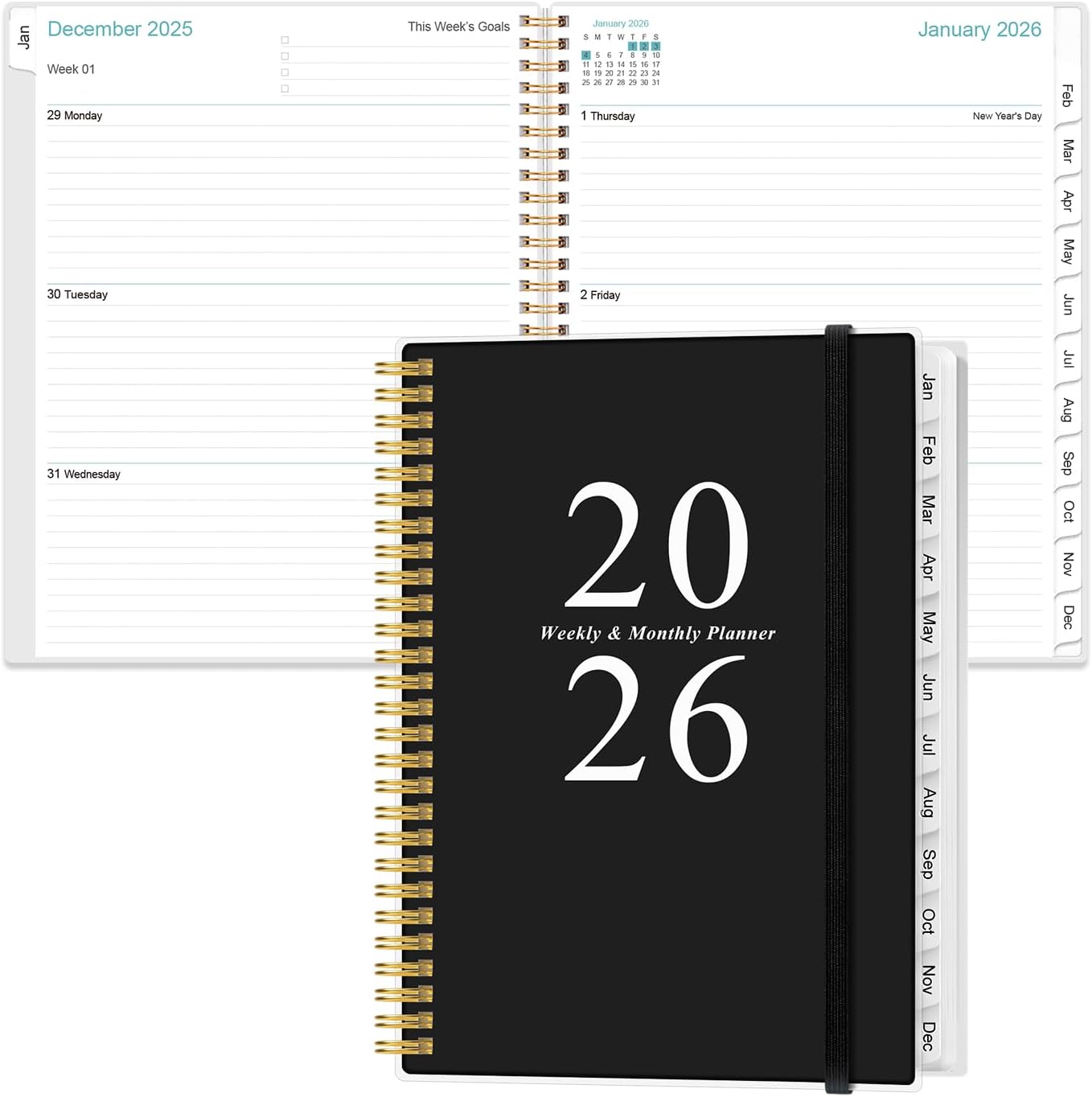 2026 Planner - Weekly Monthly Planner 2026 from January 2026 to December 2026 with 12 Monthly Tabs, Flexible Cover, Inner Pocket, 8.5" x 11", Black