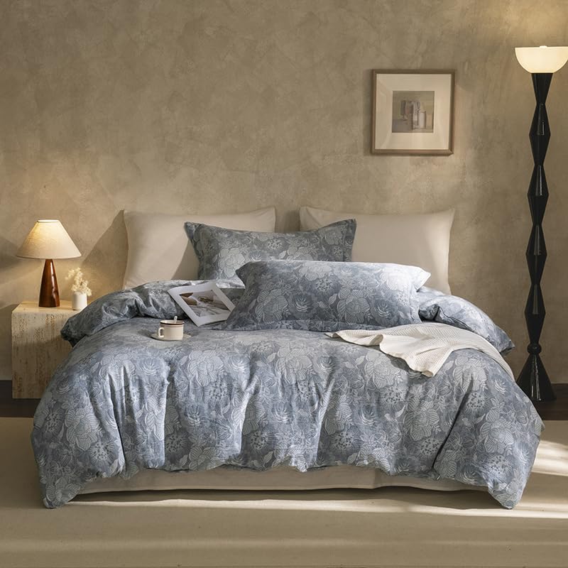 Image of VM VOUGEMARKET Jacquard Grey Floral Duvet Cover Set King,Yarn-Dyed Cotton Duvet Cover with Zipper Closure Perfect for Men and Women
