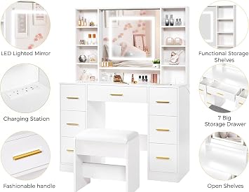 ANWBROAD Dressing Table with Stool Vanity Desk with Power Outlet, White | Vanity with Lighted Mirror 7 Drawers 3 Colors Lighting Adjustable Brightness Modern Vanity Table for Women Bedroom YBDT90W