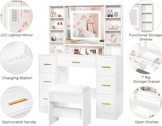 ANWBROAD Dressing Table with Stool Vanity Desk with Power Outlet, White | Vanity with Lighted Mirror 7 Drawers 3 Colors Lighting Adjustable Brightness Modern Vanity Table for Women Bedroom YBDT90W