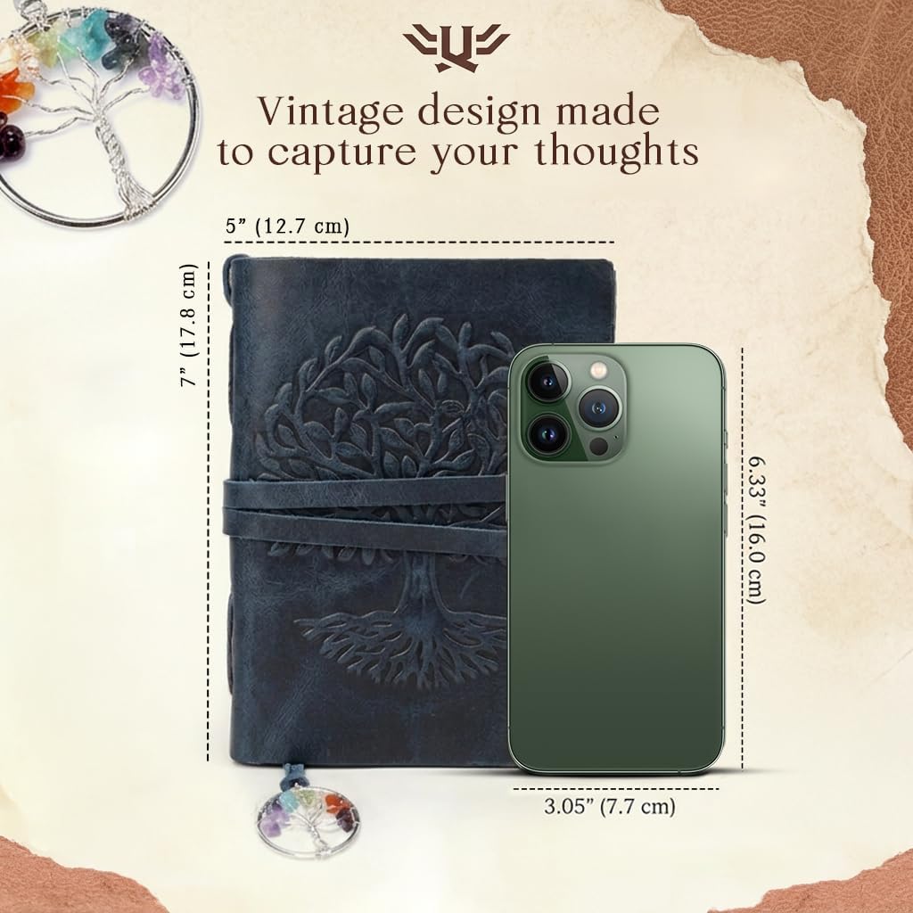 Leather Journal for Women and Men, 200 Pages - 5"x7", Gifts for Women, Travel Diary, Women's Notebook - Tree Of Life 7 Chakra Bookmark, Antique Gift for Mom, Unique Birthday Gifts, Navy