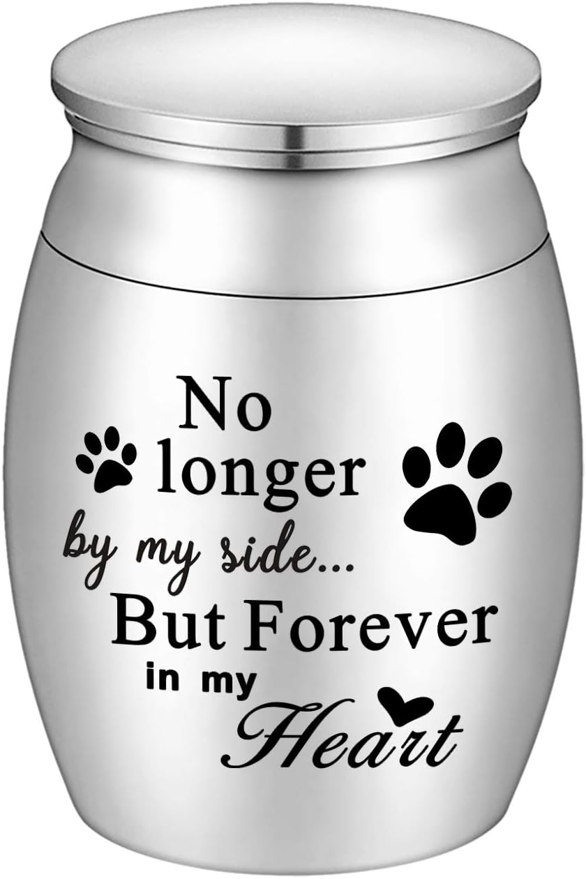 XIUDA 1.57 inches Mini Pet Memorial Small Urns for Dog and Cat Ashes, Stainless Steel Cremation Urn, Pet Paw Print Keepsake Urn for Ashes - No Longer by My Side Forever in My Heart