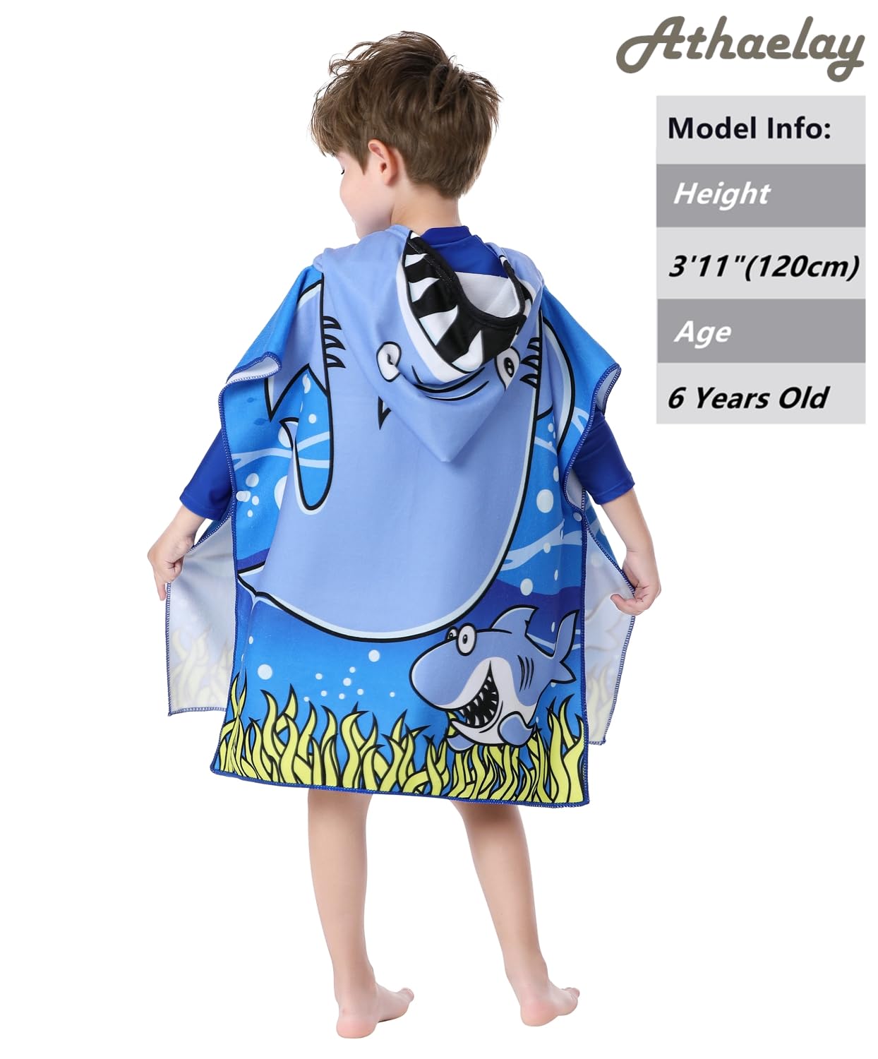 Toalla de playa ligera de microfibra con capucha para niños, niños pequeños, baño/piscina/poncho de natación (tiburón azul)