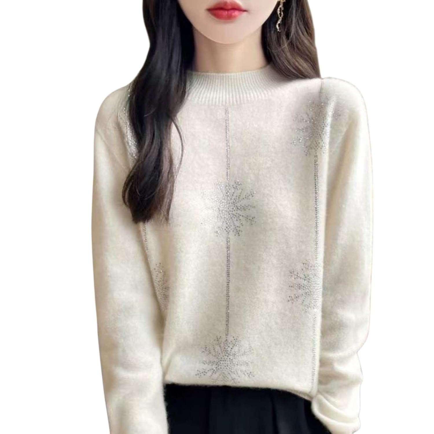 Mock Neck Sweater for Women Long Sleeve Dressy Casual Lightweight Basic Pullover Tops Snowflake Loose Fit Outfits