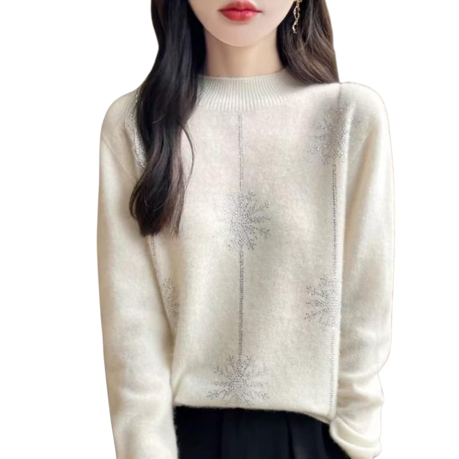 Mock Neck Sweater for Women Long Sleeve Dressy Casual Lightweight Basic Pullover Tops Snowflake Loose Fit Outfits
