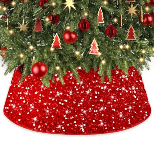 WUPIOS Christmas Red Tree Collar 28' Xmas Tree Collar for Artificial Trees Velvet Fabric Christmas Tree Base Cover with Sequin Christmas Tree Skirt Foldable Tree Ring for Home Decoration Supplies