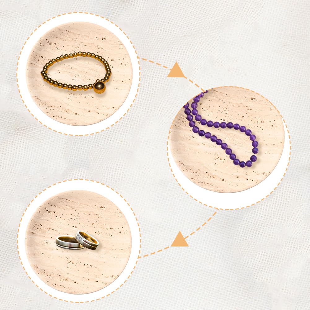 Beebeecraft Bandeja Redonda Y Plana de Mármol Travertino Natural para Guardar Joyas con Paño de Pulido para Pendientes Collares Y Decoración Del Hogar (Beige)