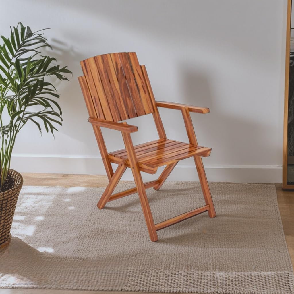 Solid Sheesham Teak Wood Wooden Folding Chair for Balcony-Living Room-Study-Studying-Outdoor Furniture-Camping Chair-Patio Chair Furniture(Natural Finish) (1 Chair, Standard), Brown