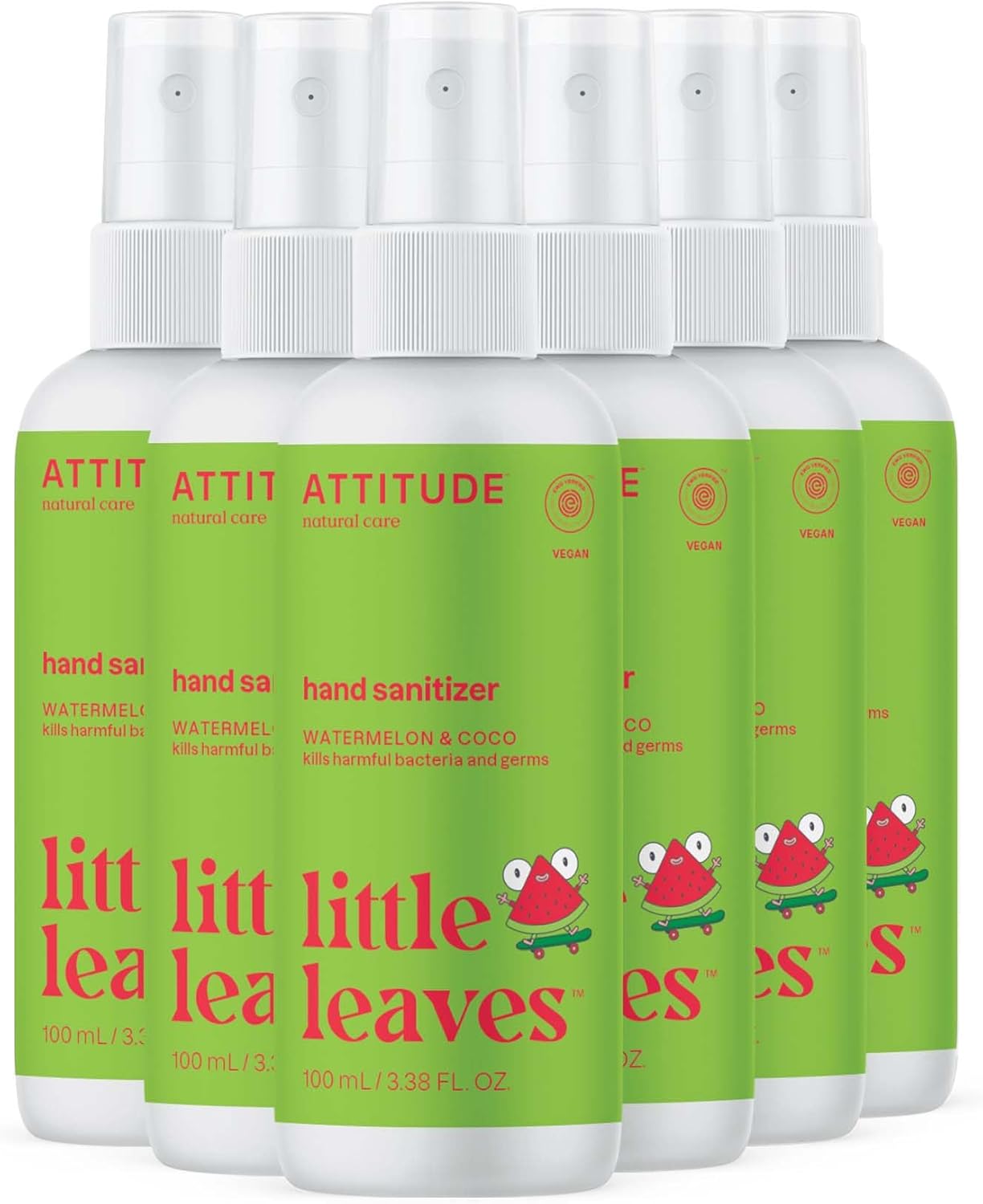 ATTITUDE Hand Sanitizer Spray for Kids & Adults, EWG Verified, Travel Size, Dermatologically Tested, Plant and Mineral Based, Vegan, Watermelon & Coco, 3.5 Fl Oz (Pack of 6) (Spray Bottle)